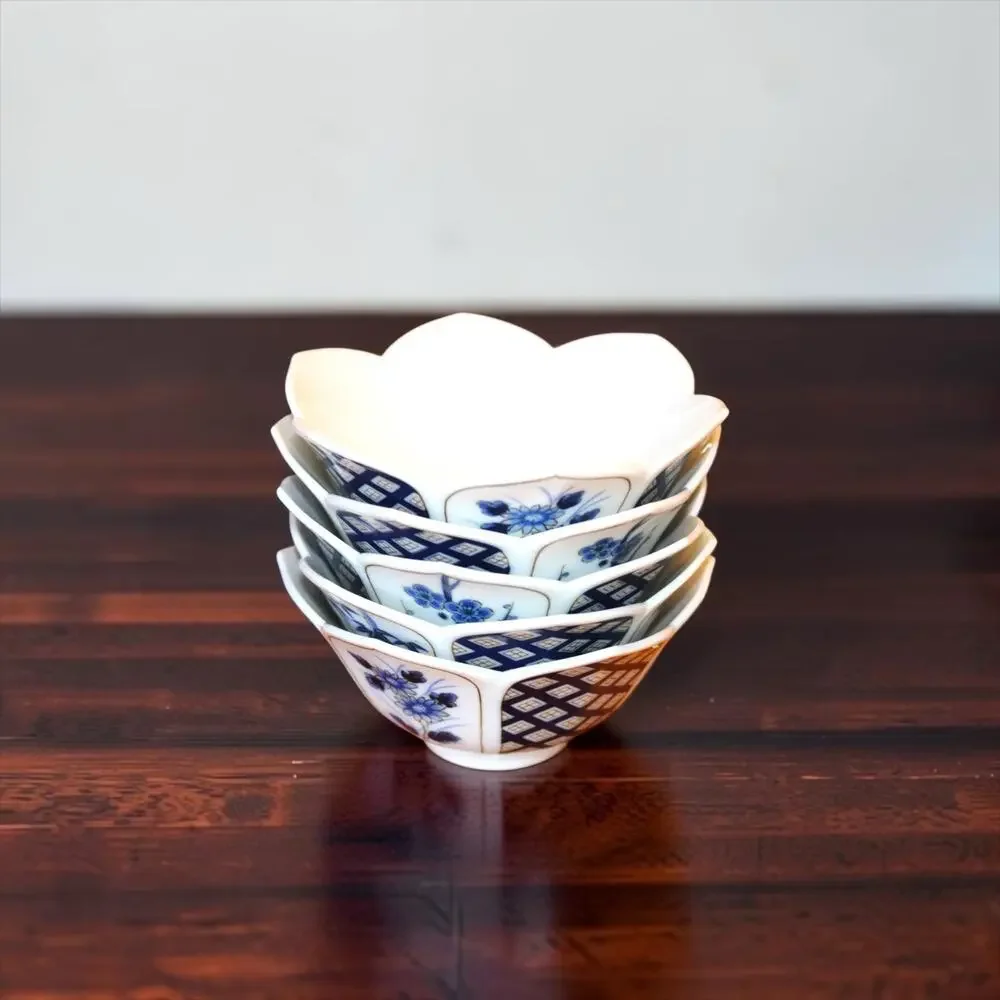Set of 5 Blue White Porcelain Rice Bowls Floral Bamboo Geometric Scalloped Edge